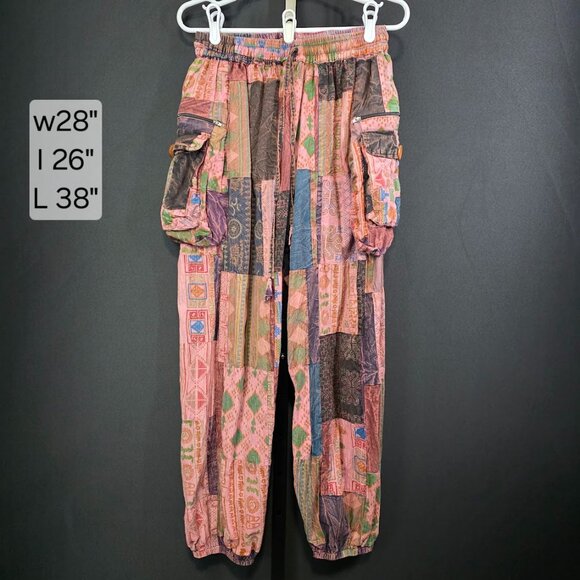 Kirat Patchwork Cargo Pants Womens One Size Boho Hippie Festival Harem Jogger - Picture 1 of 6